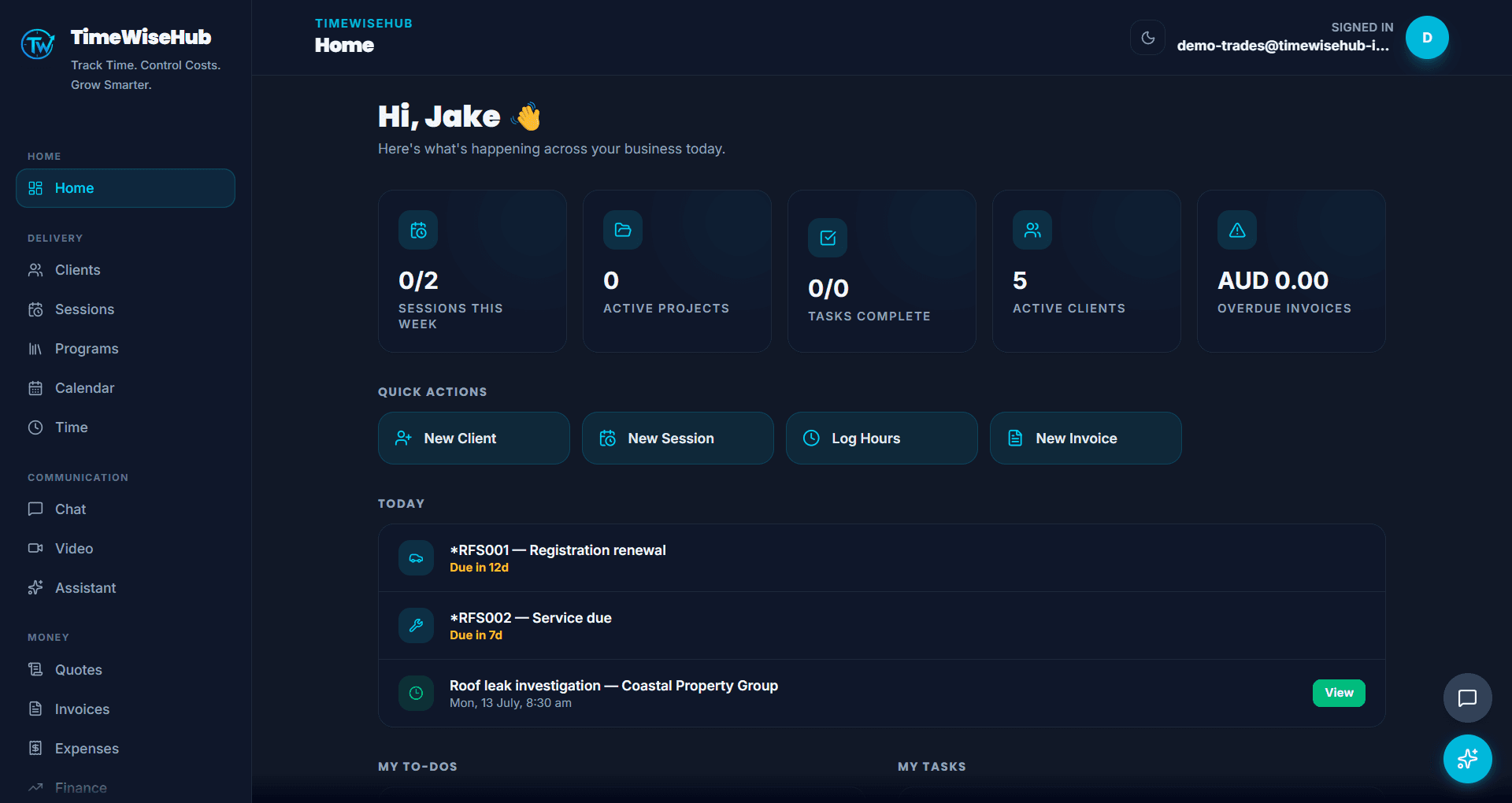 TimeWiseHub dashboard overview