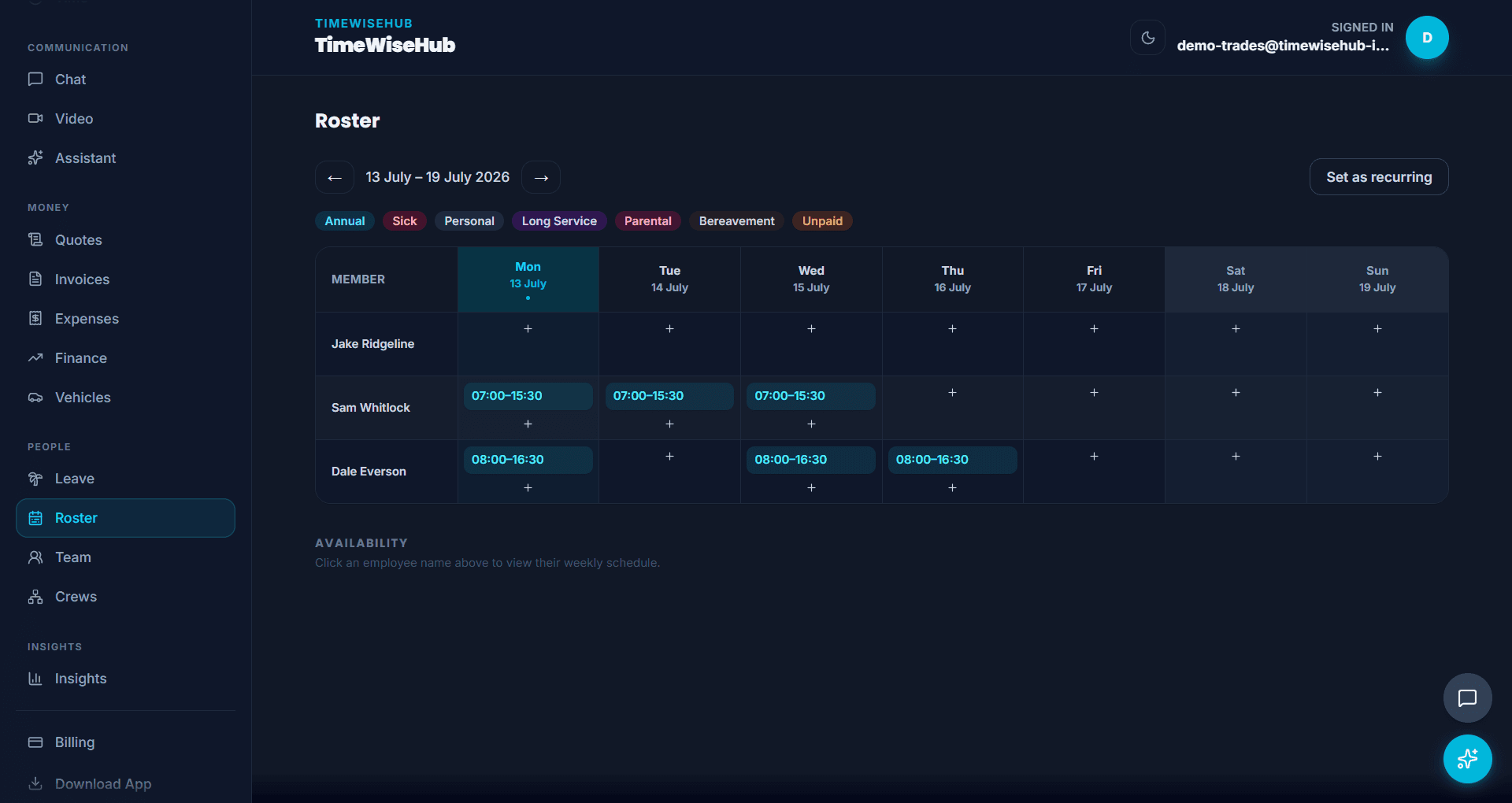 TimeWiseHub rostering screen